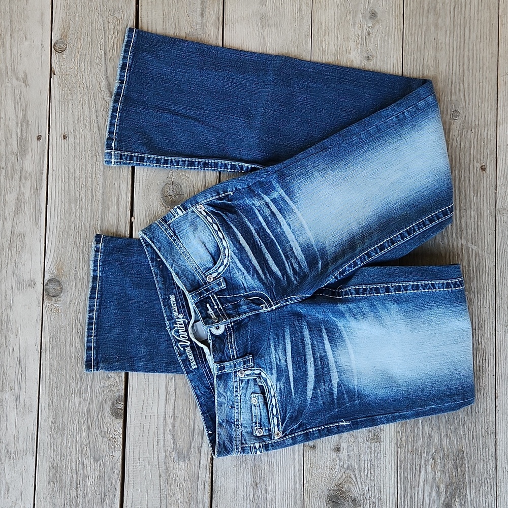 Premium Vanity Size 26 x 33L Original Bootcut Rhinestone Pocket Jeans Dark Wash - Picture 4 of 7
